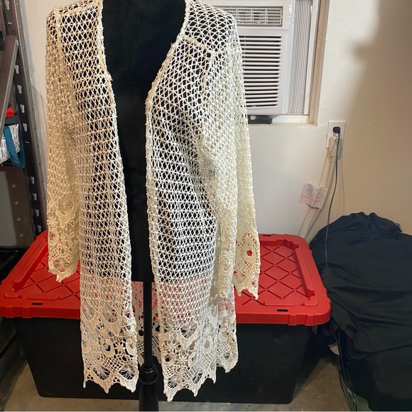 Cato Boho Crochet Open Cardigan Cream Sz 18-20 Bell Long Sleeves Open Sa… - Picture 11 of 11